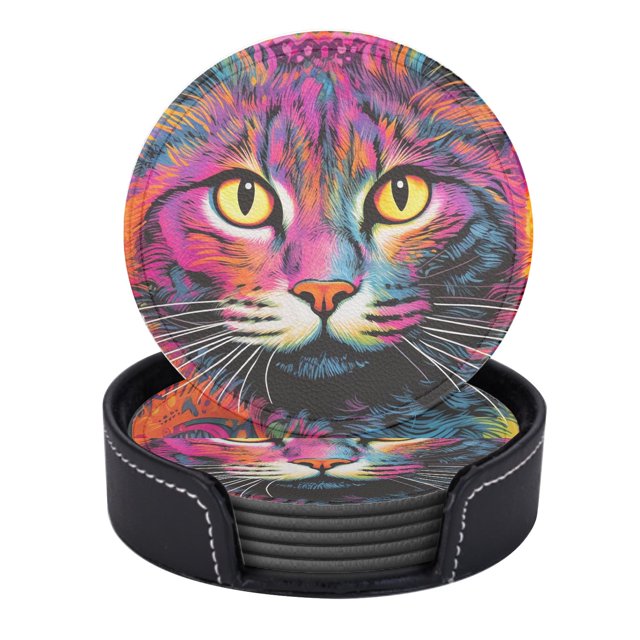 Colorful Cats Picture Waterproof Coasters Set of 6,PU Leather Coasters