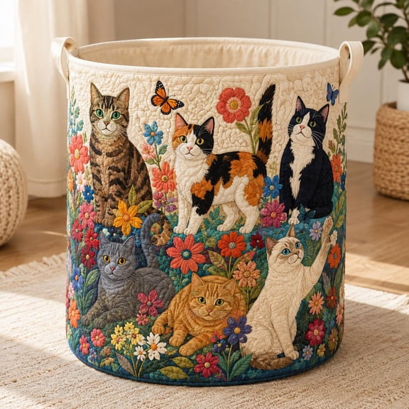 Colorful Cats Quilted Laundry Basket