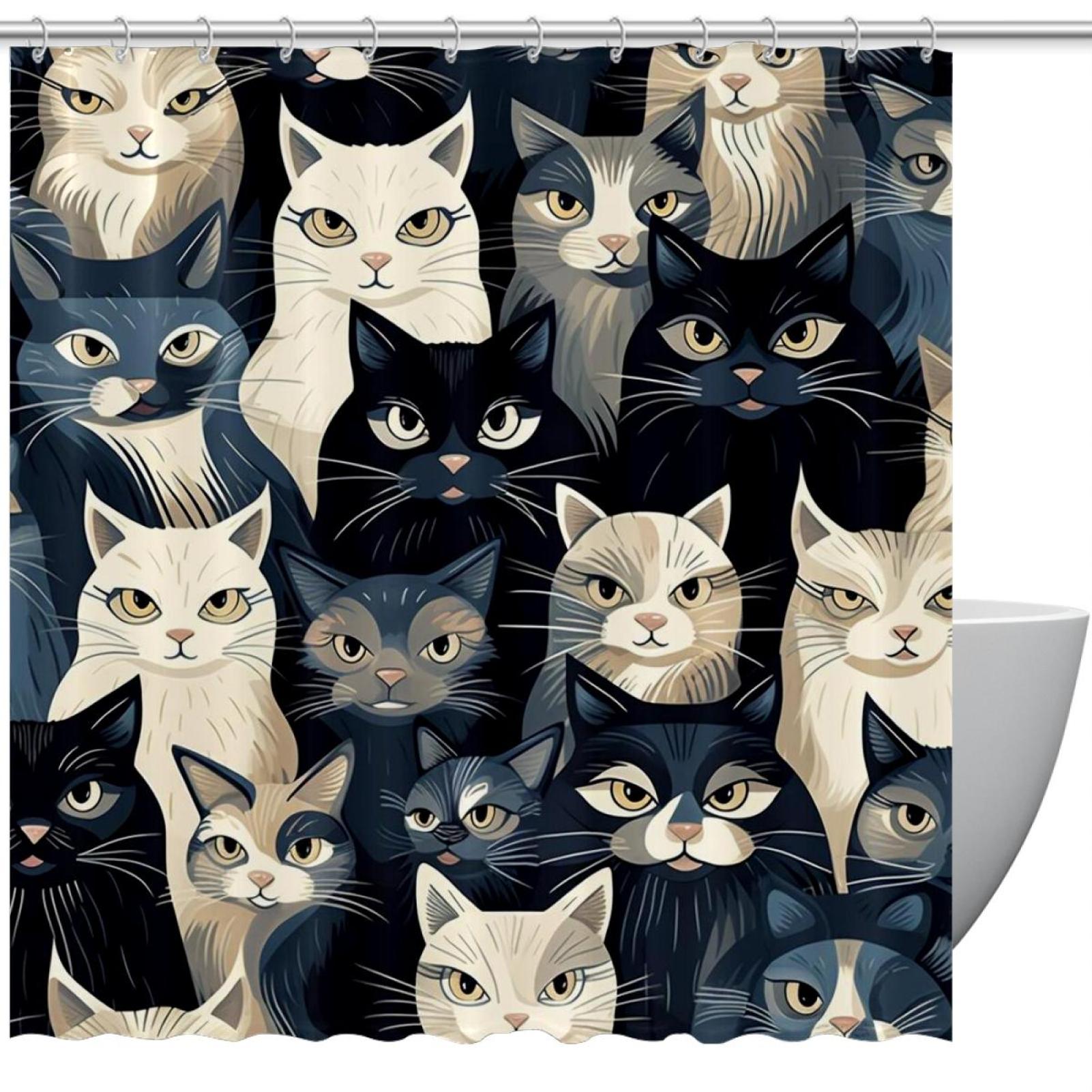 Colorful Cats Shower Curtain with Hooks, Polyester Fabric Shower