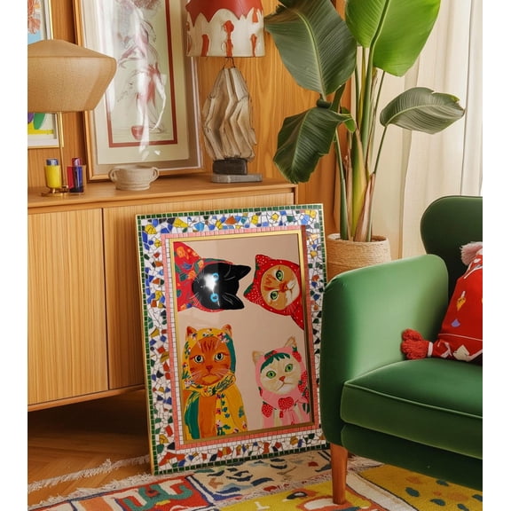 Colorful Cats Whimsical Animal Maximalist Cozy Eclectic Art, Unframed Canvas 12x16in