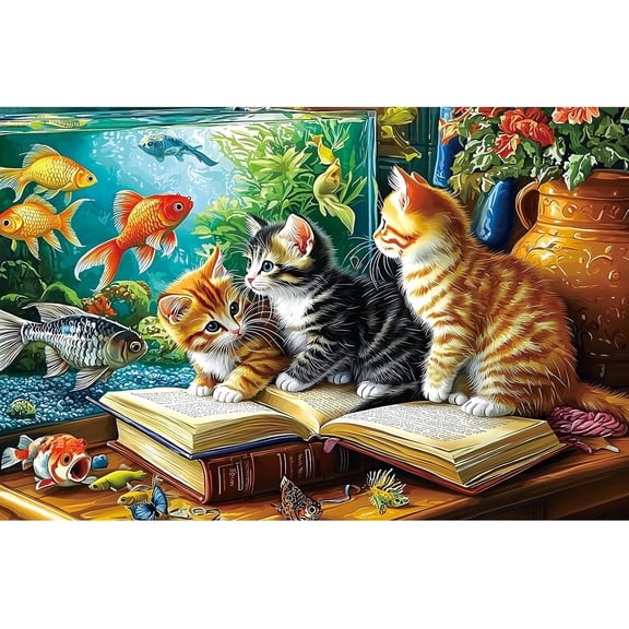 Colorful Cats and Goldfish 1000 Piece Jigsaw Puzzle, Adult Puzzle with Aquarium Scene