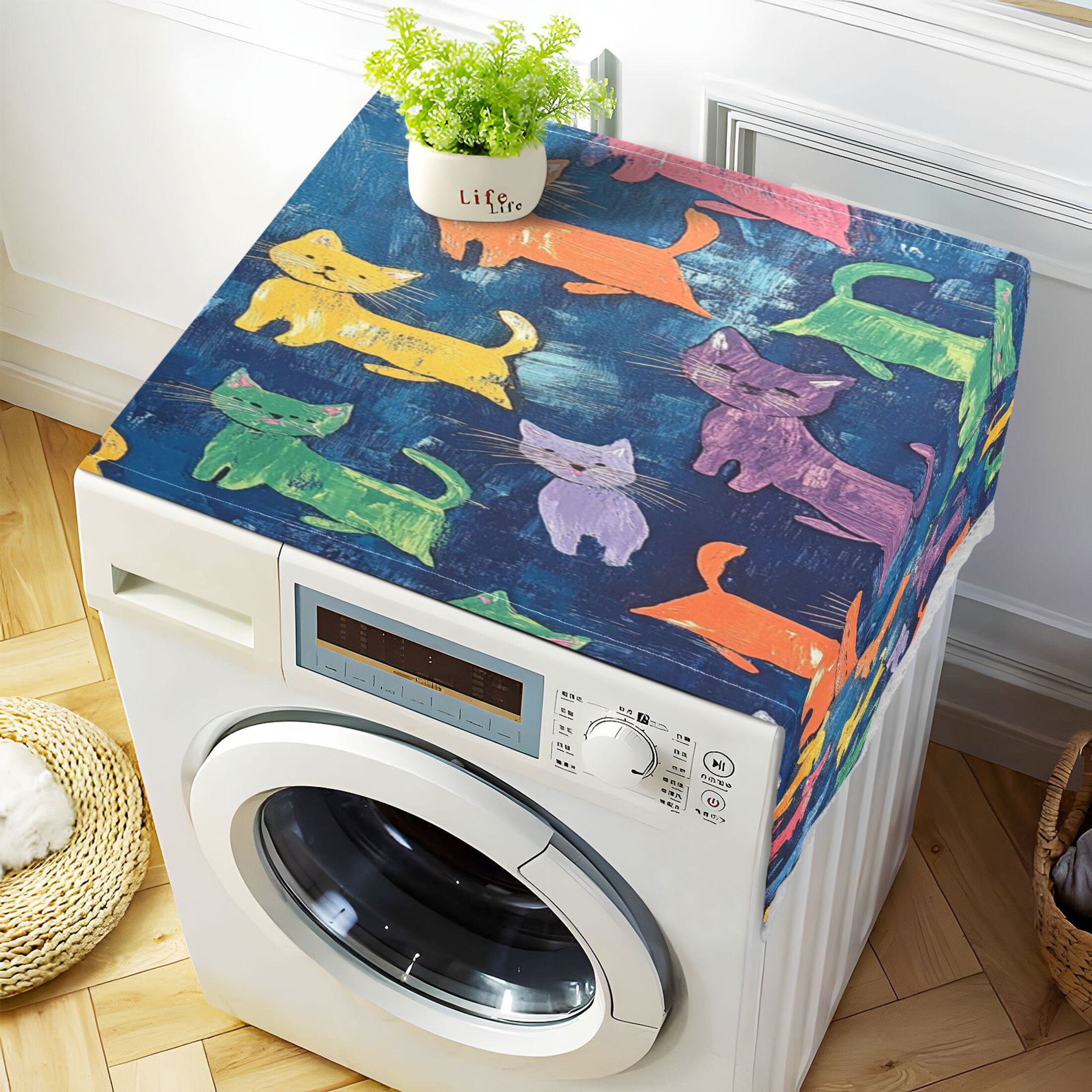 Colorful CatsWasher and Dryer Covers Dust-Proof and Oil Resistant Fridge Cover with 4 Storage Pockets Washing Machine Top Cover for Laundry Kitchen Home 51.2 x 22 In