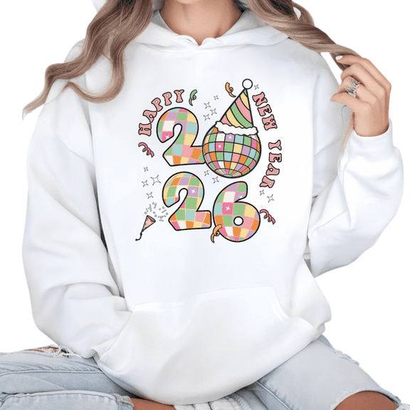 Colorful Celebrate 2026 Happy New Year Theme Graphic Breathable Tee T Shirt Tops Hooded long-sleeved White S-2XL