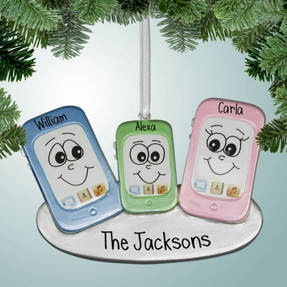 Colorful Cellphone Family - 3 - Personalized Christmas Ornaments - Family of 2,3 - Addicted to Phones - Social Media Addicts - Constantly on Your Phone