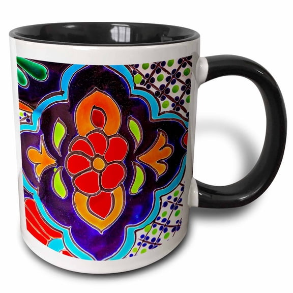 3drose, Colorful Ceramic Red Blue Flowers Decoration, Mexico, 11oz Two-tone Black Mug