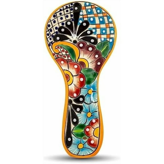 Colorful Ceramic Spoon Rest – Hand-Painted Large Talavera Kitchen Utensil Holder for Counter & Stove Top in Gift Box - Dishwasher Safe Lead Free Cooking Ladle Dish Mexican Style Cuchara Multicolor