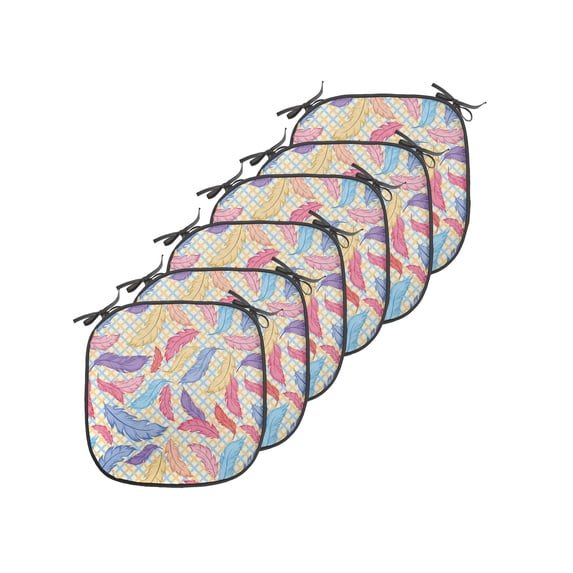 Colorful Chair Seating Cushion Set of 6, Different Vane Feather Types on a Square Shape Striped Backdrop Print, Seat Pads for Office with Anti-slip Backing, 16"x16", Multicolor, by Ambesonne