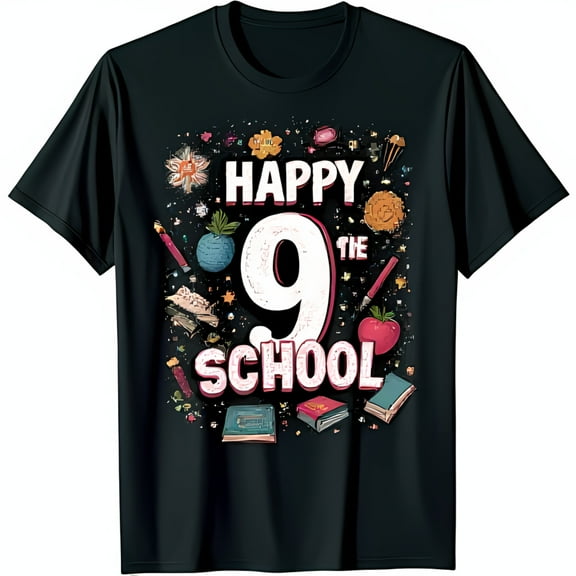 Colorful Chalk Style Graphic Black T-Shirt for 9th Grade Students Fun School Design