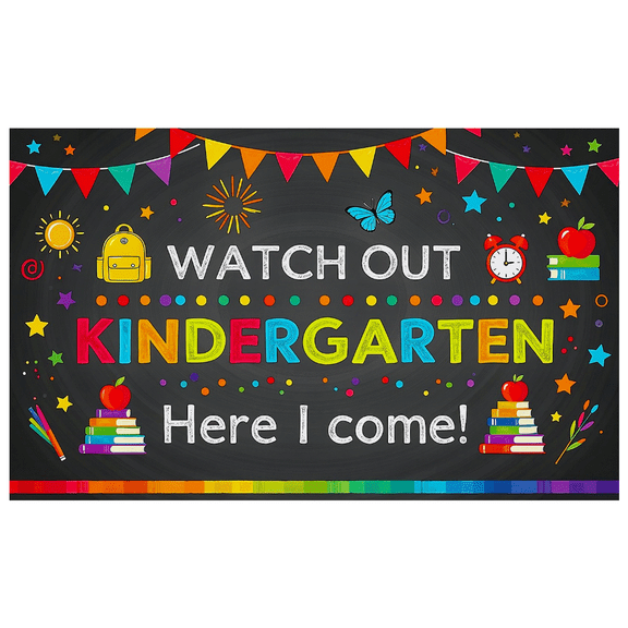 Colorful Chalkboard Style Backdrop Banner with School Elements for Kindergarten Celebration Party Supplies Photography Props Decorations Kids Back - to - School Event First Day of Kindergarten Decor