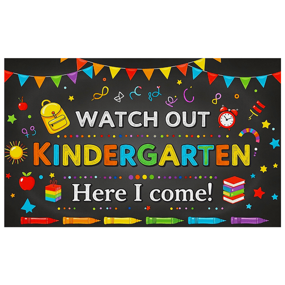 Colorful Chalkboard Style Backdrop Banner with School Elements for Kindergarten Celebration Party Supplies Photography Props Decorations Kids Back - to - School Event First Day of Kindergarten Decor