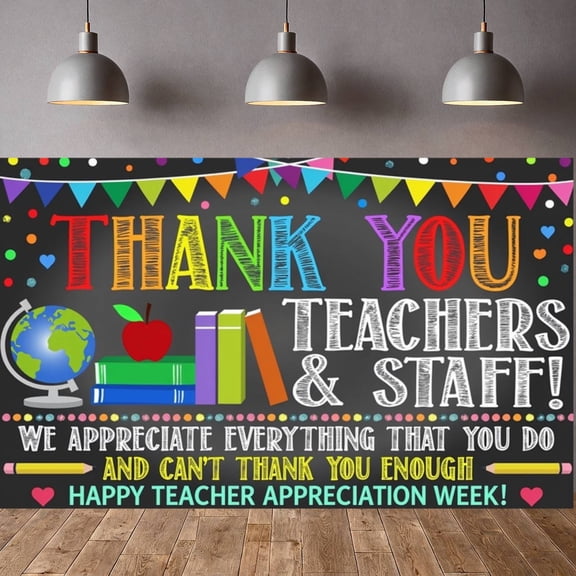 Colorful Chalkboard Thank You Teachers Banner Educational Elements Teacher Appreciation Display Colorful Dots Triangular Flags Staff Thank You Backdrop for Teacher Appreciation Week School Events