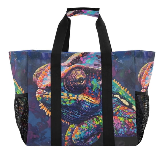 Colorful Chameleon Reusable Grocery Bags with Handle Side Pocket Waterproof Shopping Portable Tote