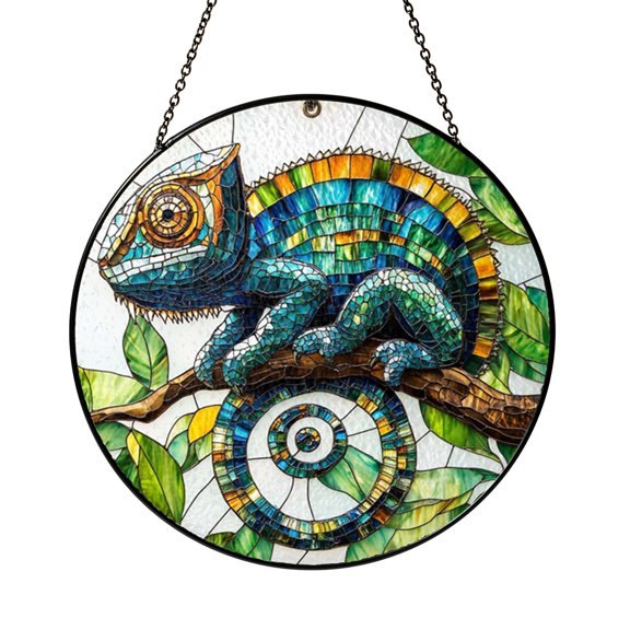 Colorful Chameleon Stained Glass Suncatcher, Tropical Jungle Window Decor