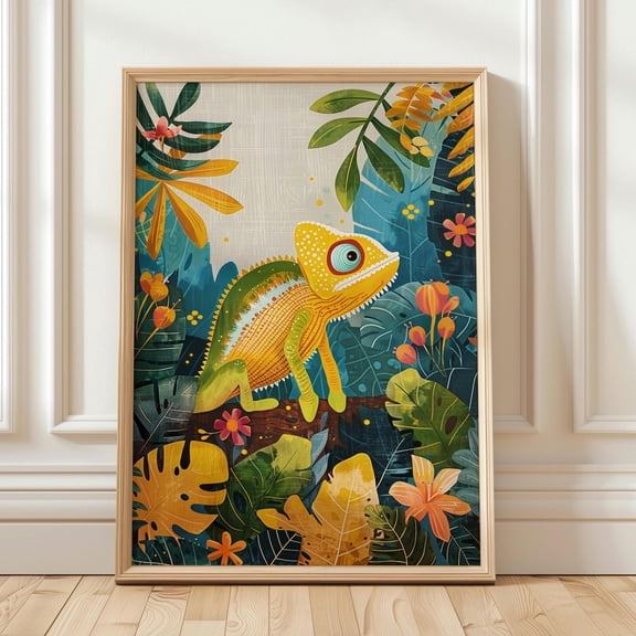 Colorful Chameleon Tropical Jungle Quirky Reptile Boho Safari Nursery Botanical Lizard Poster Unframed Paper Print