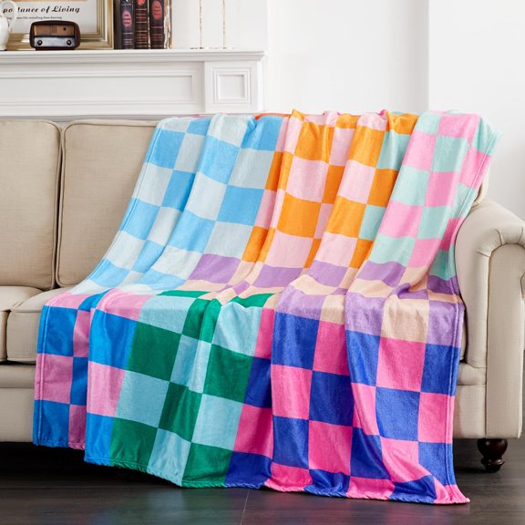 Colorful Checkerboard Throw Blanket, 60x80 Cute Multicolored Retro Modern Geometric Decorative Bed Throws Blankets, Soft Silky Flannel Throw Blanket for Couch Bed Chair Living Room Aesthetic