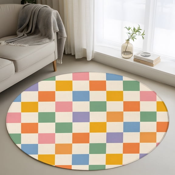 Colorful Checkered 3ft Area Rug, Modern Bobo Geometric Plaid Pattern Washable Non-Slip Small Round Rugs for Entryway Bedroom Kitchen, Soft Circle Carpet for Dining Room, Playroom Nursery Rug