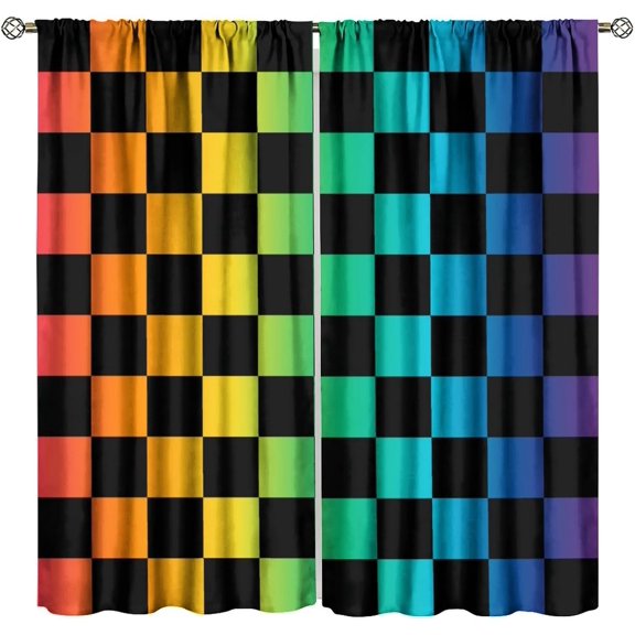 Colorful Checkered Blackout Curtains, Multicolor Checkerboard Retro Rainbow Cute Vintage Geometric Patterns Window Drapes, for Living Room Bedroom 84" W X 84" L