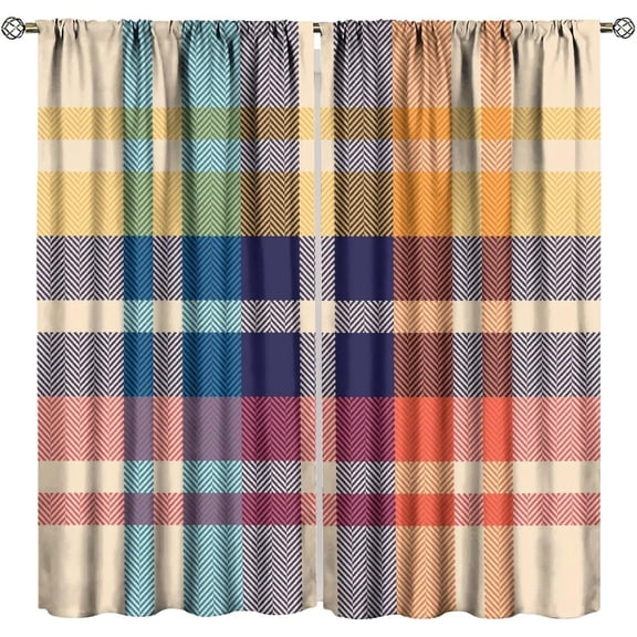 Colorful Checkered Blackout Window Curtains, Plaid Retro 70s Multicolored Modern Print Pattern Window Drapes, for Living Room Bedroom 84" W X 84" L