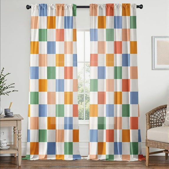 Colorful Checkered Curtains for Bedroom,Rod Pocket 60s 70s Semi Sheer Curtains Farmhouse Retro Checkerboard Light Filtering Drapes for Living Room,Set of 2 Window Curtain Panels,52 x 84 Inch