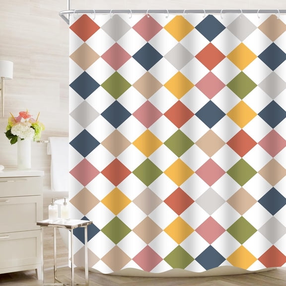Colorful Checkered Geometric Shower Curtain with 12 Hooks, Washable Polyester, Retro Bright Design, for Kids