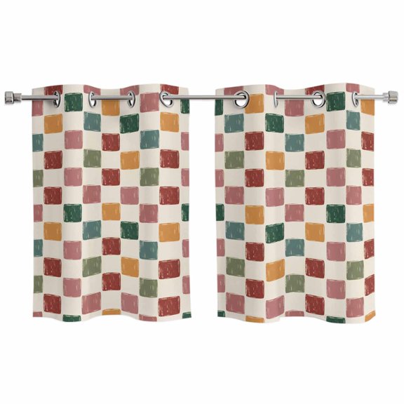 Colorful Checkered Kitchen Curtains Window Panels, Vintage Plaid Grid Geometric Beige Insulated Window Treatment Curtain, Grommet Curtains for Bedroom/Living Room/Bathroom, 2 Piece 27.5"Wx39"L