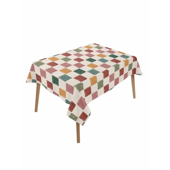 Colorful Checkered Rectangle Tablecloth, Vintage Plaid Grid Geometric Beige Waterproof & StainResistant Tablecloth, Washable Oil-proof Table Cover for Dining/Party/Wedding/Camping/Buffet 60x84 In