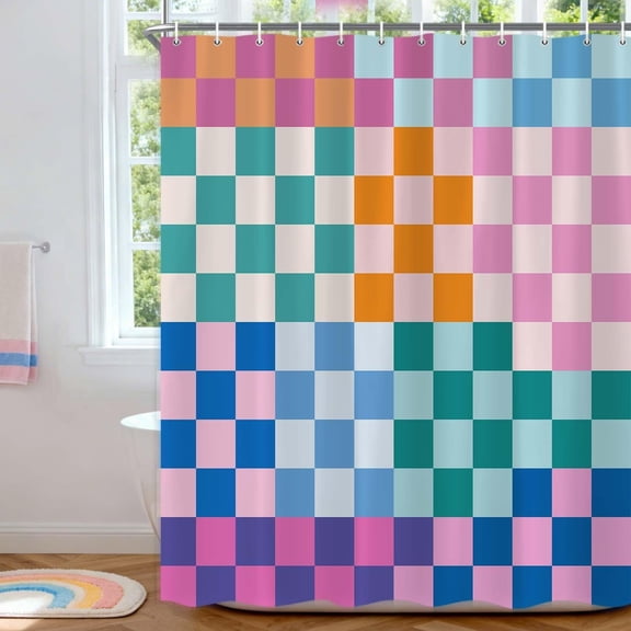 Colorful Checkered Retro Shower Curtain Aesthetic 70S Groovy Minimal Funky Cute Bathroom Decor Checkerboard Grid Pattern Modern Chic Eclectic Bathroom Accessories 70X70IN