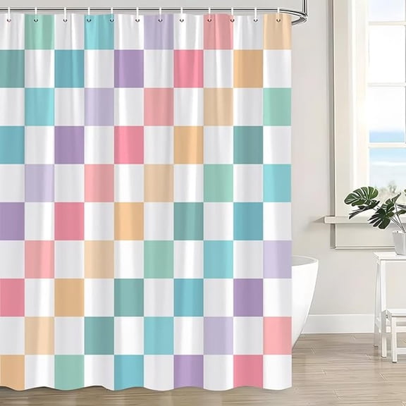 Colorful Checkered Shower Curtain Retro Rainbow Geometric Modern Minimalist Simple Aesthetic Vintage 60s 70s Funky Bath Decor Curtain With Hooks 36"W x 72"L