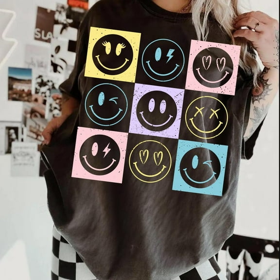 Colorful Checkered Smiley Face T-Shirt, Retro Groovy Happy Face Tee, Bright Fun Sublimation Shirt Design, Positive Vibes Graphic Top