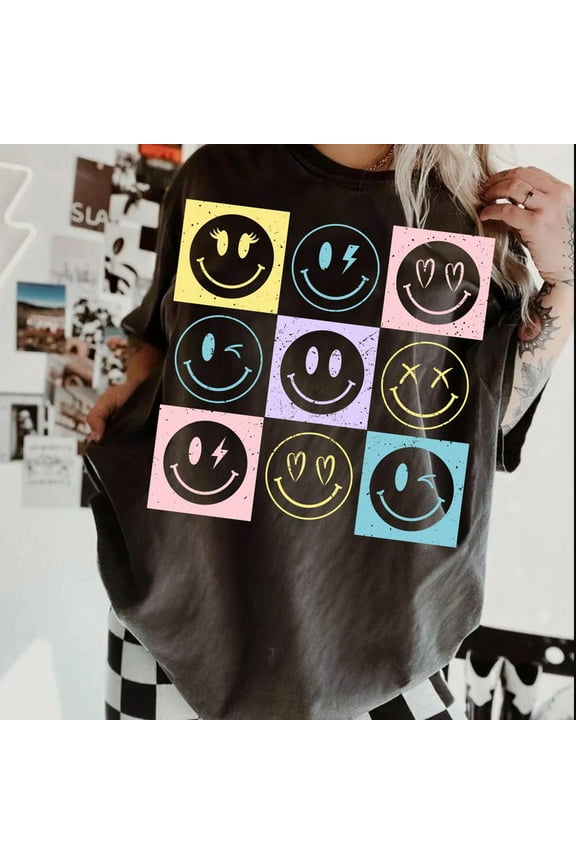 Colorful Checkered Smiley Face T-Shirt, Retro Groovy Happy Face Tee, Bright Fun Sublimation Shirt Design, Positive Vibes Graphic Top