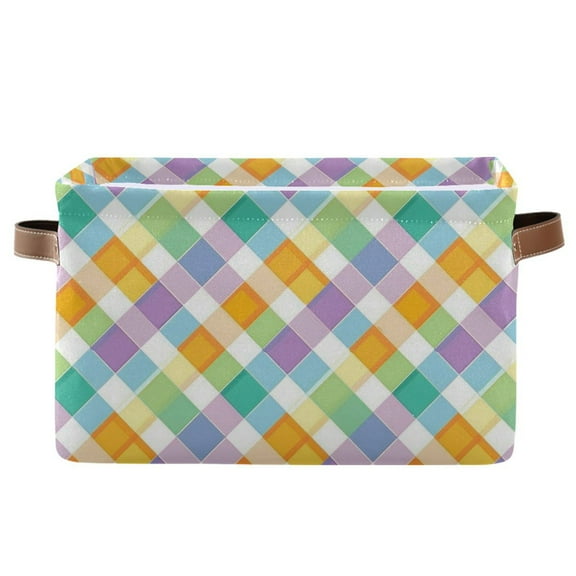 Colorful Checkered Squares Storage Bins with Handle Fabric Organizer Basket Foldable Box 1 Pack 14.2x10.2x8.3