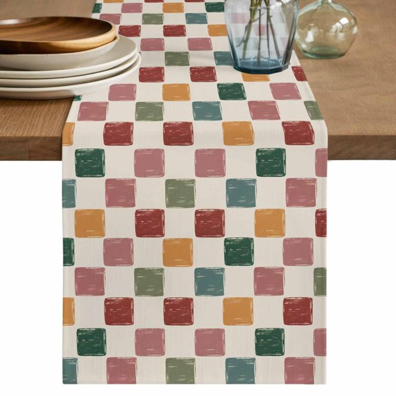 Colorful Checkered Table Runner, Vintage Plaid Grid Geometric Beige Washable Cotton Linen Table Runners 36 Inches Long, Dresser Scarf Runner for Nightstand/End Tables/Round Tables 13''x36''