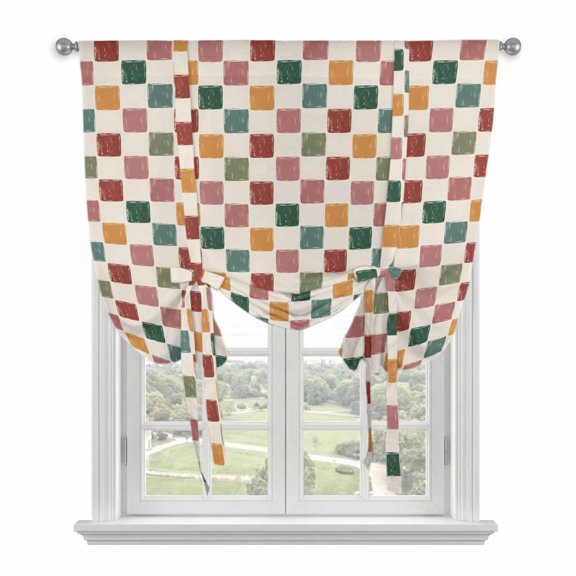 Colorful Checkered Tie Up Curtains for Windows, Adjustable Balloon Window Shades, Vintage Plaid Grid Geometric Beige Kitchen Window Treatments Farmhouse Short Curtains with Rod Pocket 42"x45"