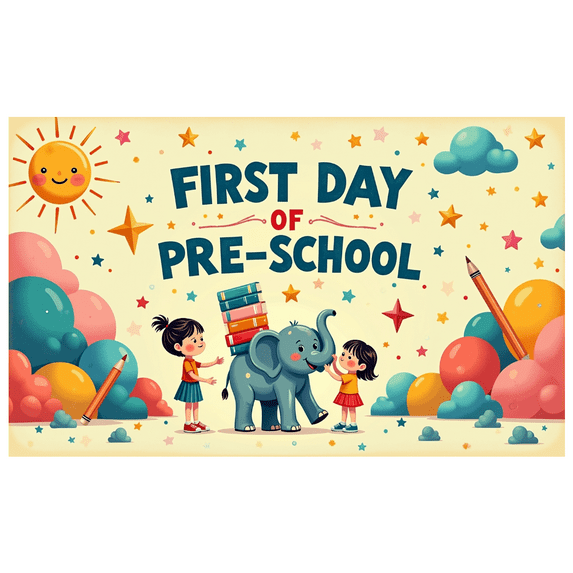 Colorful and Cheerful First Day Preschool Themed Backdrop Banner with Cartoon Elephant Kids and School Elements Party Decorations for Photography Props Classroom Celebrations Family Gatherings