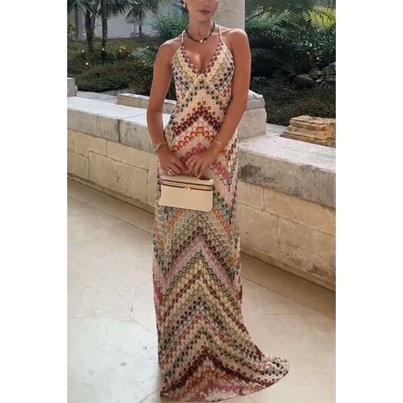 Colorful Chevron Maxi Dress (L, Pink)