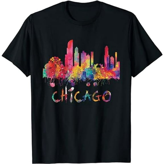 Colorful Chicago Skyline Watercolor Graphic Unisex Short Sleeve T-Shirt