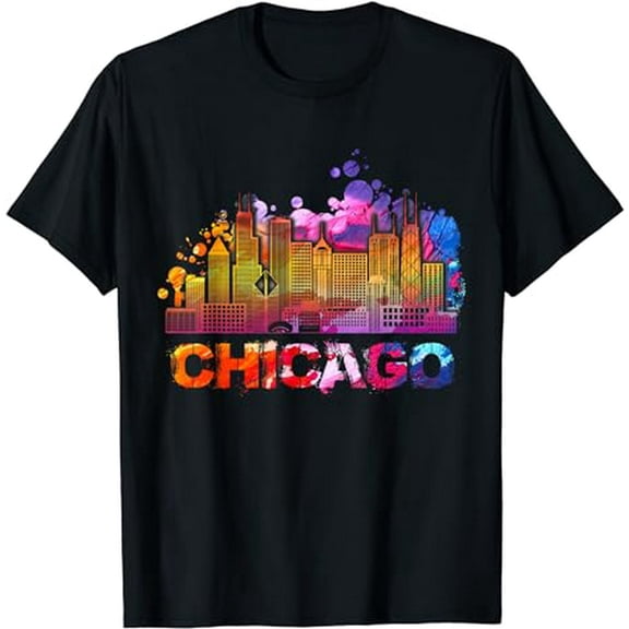 Colorful Chicago Skyline Watercolor Splash Unisex Casual Short Sleeve Graphic Tee