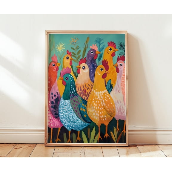 Colorful Chicken Art Poster Playful Farm Hens Poster, Unframed Poster Size 16x24