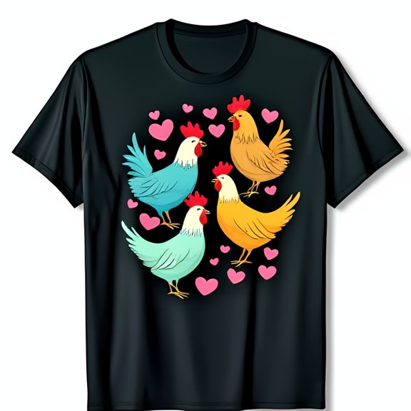 Colorful Chicken Design T-Shirt with Hearts Fun Black Tee for Animal Lovers