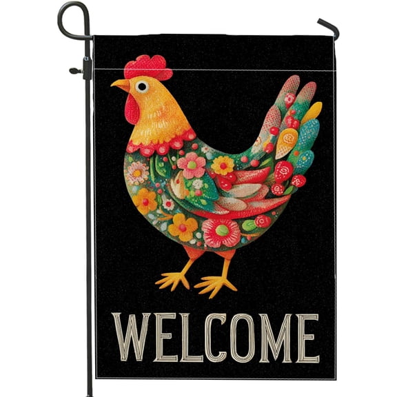 Colorful Chicken Garden Flag, Folk Art Hen Outdoor Decor, Floral Rooster Welcome Banner, Double Sided Black Burlap Yard Flag, 12 x 18 Inch