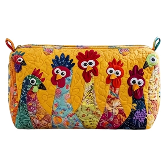 Colorful Chicken Makeup Bag Storage Pouch - Quilted Design, Rooster Pattern, Durable Zipper Closure - For Travel, Cosmetics Organization, Daily Use, Gift Giving