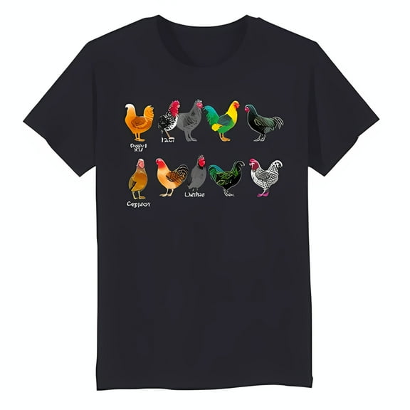 Colorful Chicken Row Black T-Shirt with White Outline & Names Fun Farm Design