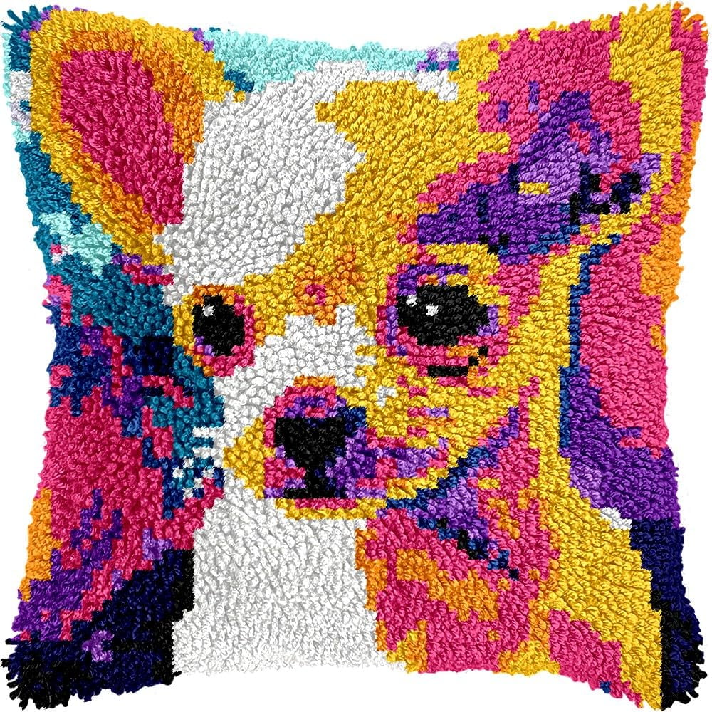 Colorful Chihuahua Dog Latch Hook Kits Pillow DIY Pillowcase Crochet Hook Cushion Making Kits with Preprinted Pattern Canvas Instruction Yarns Pillow Cover Easy Starter DIY Crochet Kits 43x43cm（L40)