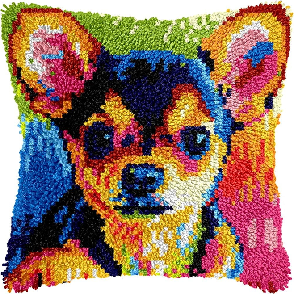 Colorful Chihuahua Dog Latch Hook Kits Pillow DIY Pillowcase Crochet Hook Cushion Making Kits with Preprinted Pattern Canvas Instruction Yarns Pillow Cover Easy Starter DIY Crochet Kits 43x43cm（L39)