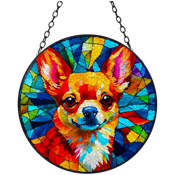 Colorful Chihuahua Stained Glass Suncatcher Handmade Window Hangings Colored Glass Suncatcher Crafts Kits for Indoor Garden Christmas Decoration 16x16cm(11)