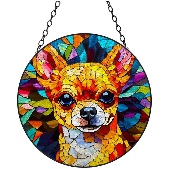 Colorful Chihuahua Stained Glass Suncatcher Handmade Window Hangings Colored Glass Suncatcher Crafts Kits for Indoor Garden Christmas Decoration 16x16cm(5)