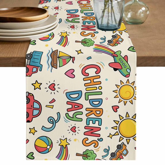 Colorful Children's Day Table Runner 90 Inches, Car Tree Stars Modern Abstract Art Bed Runner Dresser Scarves Tabletop for Indoor Outdoor Parties/Ceremony/Banquet, 13" x 90"