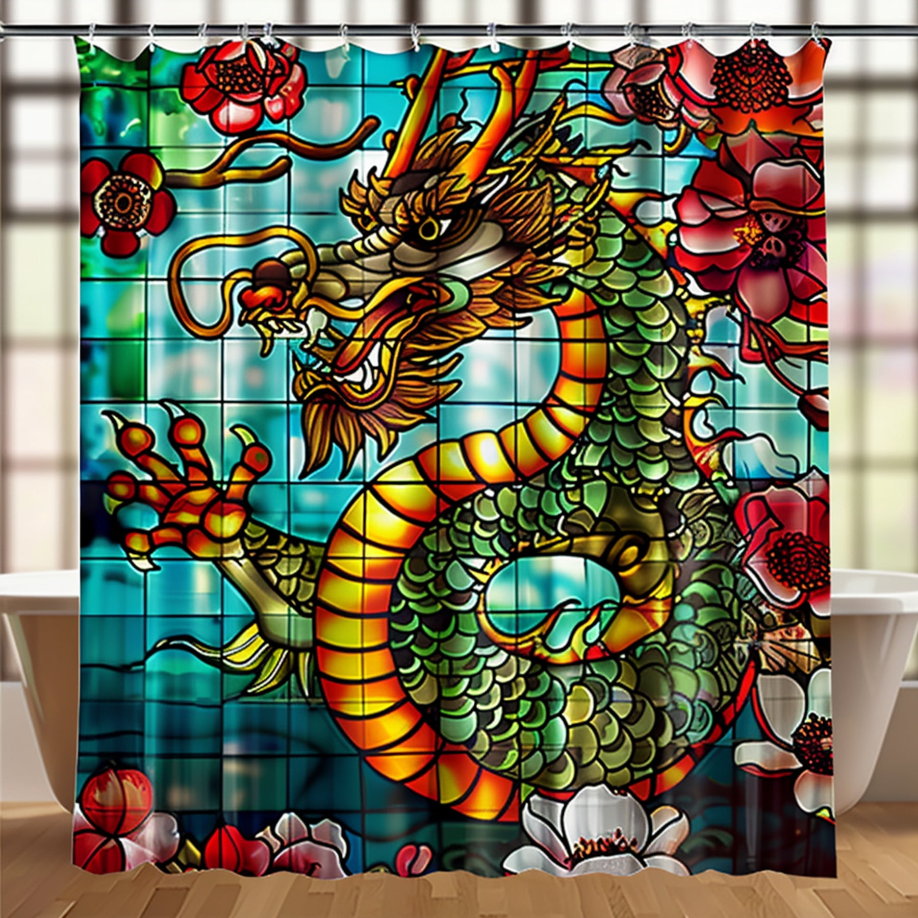 Colorful Chinese Dragon Cherry Blossom Stained Glass Shower Curtain