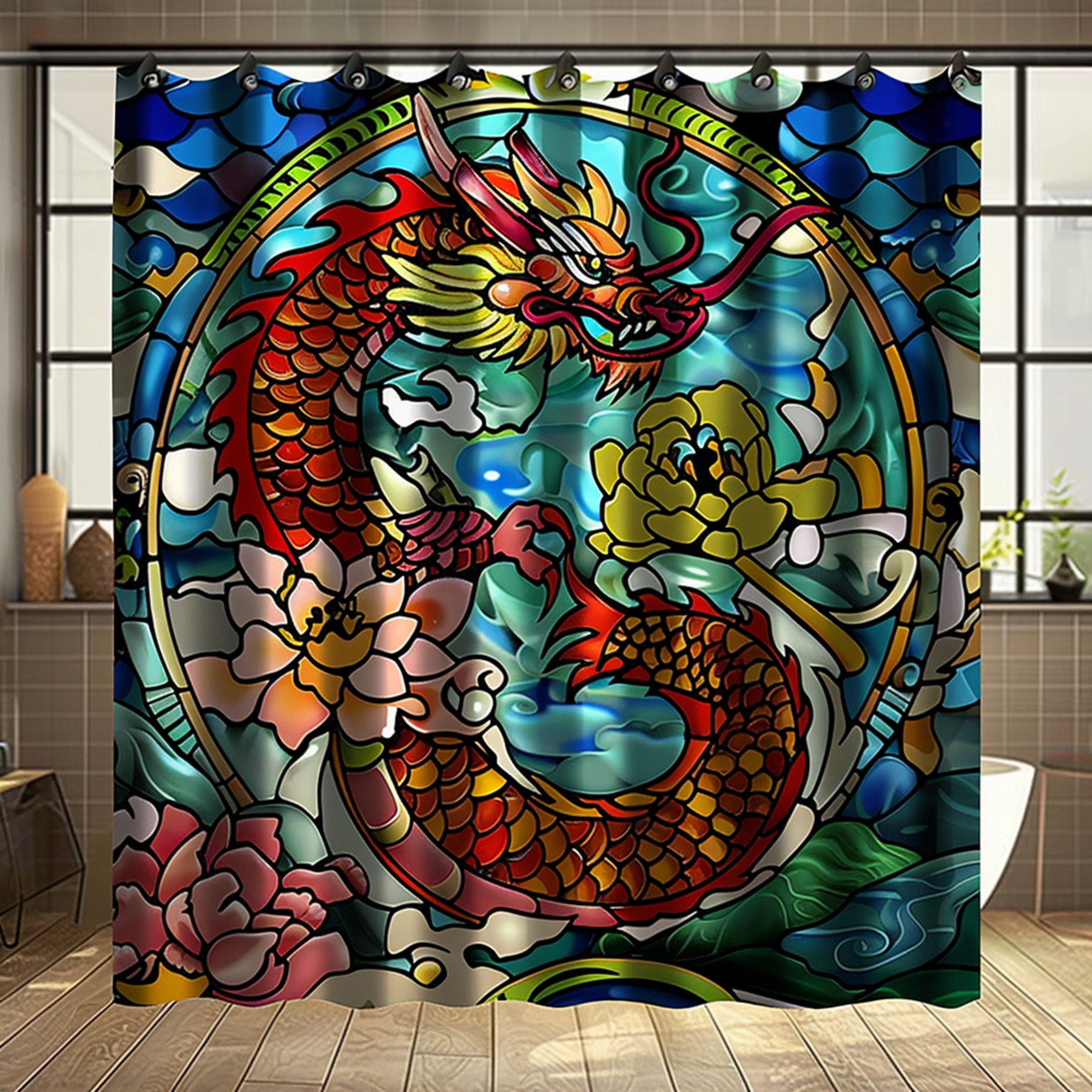 Colorful Chinese Dragon and Floral Stained Glass Shower Curtain Hyper
