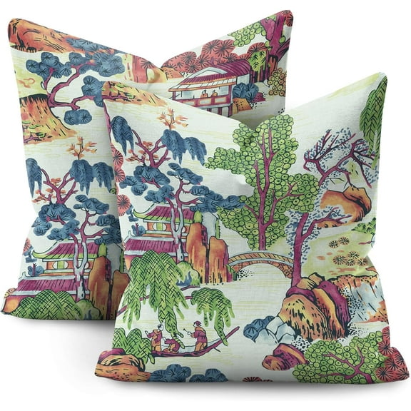 Colorful Chinoiserie Pillow Covers 18x18 Set of 2,Blue and White Pillow Covers Outdoor Decorative Linen Pillow Covers for Couch Bed Sofa Cushion Farmhouse Pillowcases